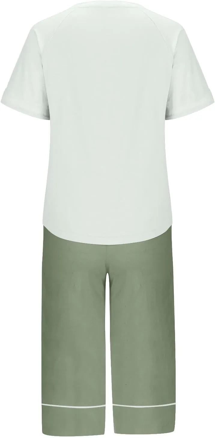 Cotton Pajama Sets for Women 2 Piece Soft Loungewear Built-in Bra Short Sleeve Crop Tops and Capri Pants Sleepwear