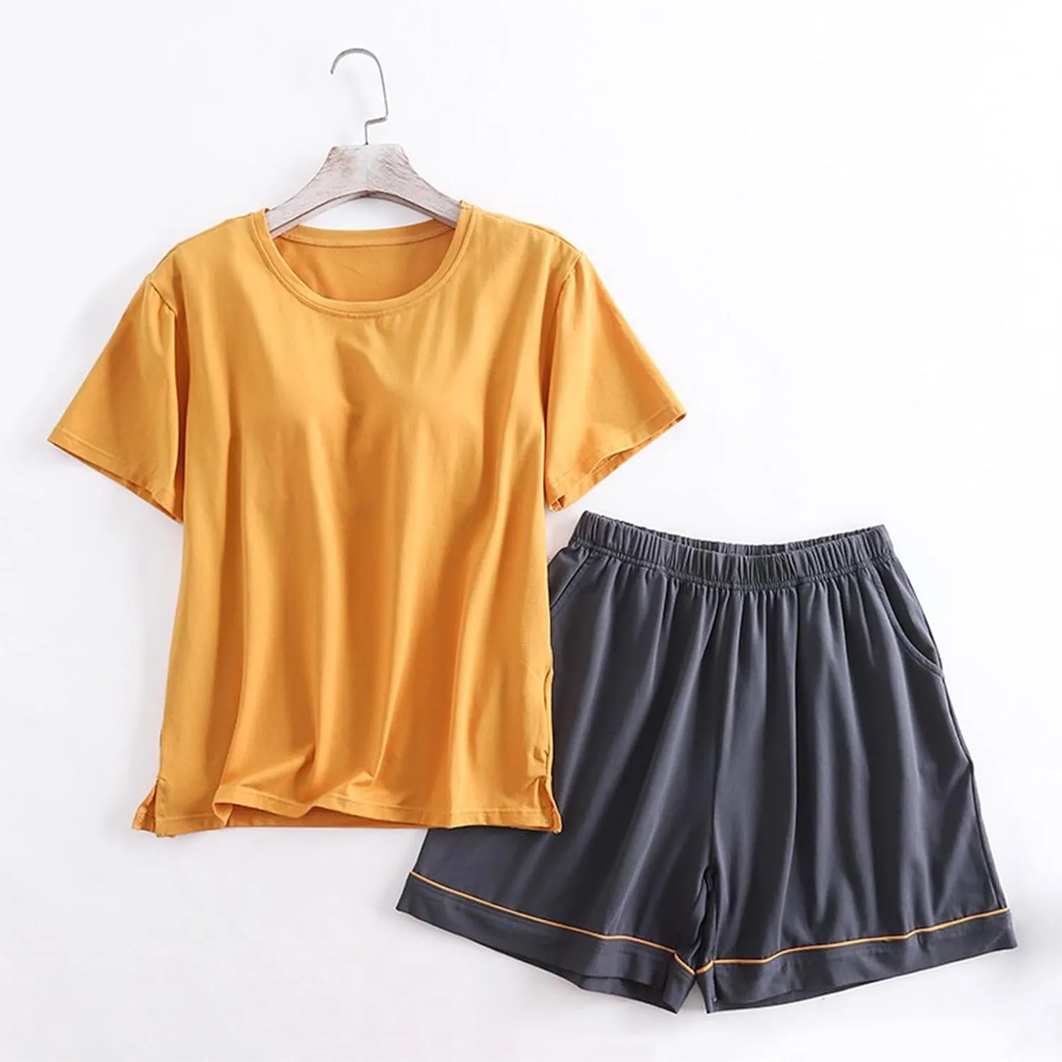 Cotton Pajama Sets for Women 2 Piece Soft Loungewear Built-in Bra Short Sleeve Crop Tops and Shorts Sleepwear Outfit