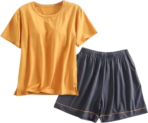 Cotton Pajama Sets for Women 2 Piece Soft Loungewear Built-in Bra Short Sleeve Crop Tops and Shorts Sleepwear Outfit