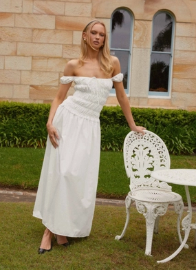 Side Slit Work Fit Countryside Off Shoulder Maxi Dress - Ivory