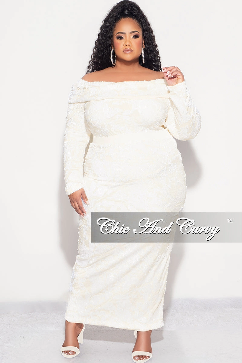 Final Sale Plus Velvet 2pc Off the Shoulder Sequin BodySuit and Skirt Set in Ivory Neutral Fit