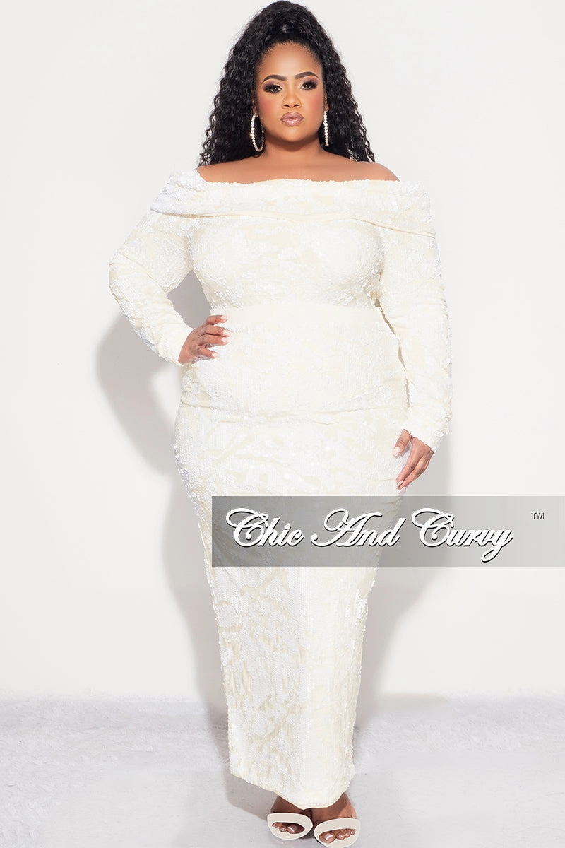 Street Style Final Sale Plus Velvet 2pc Off the Shoulder Sequin BodySuit and Skirt Set in Ivory