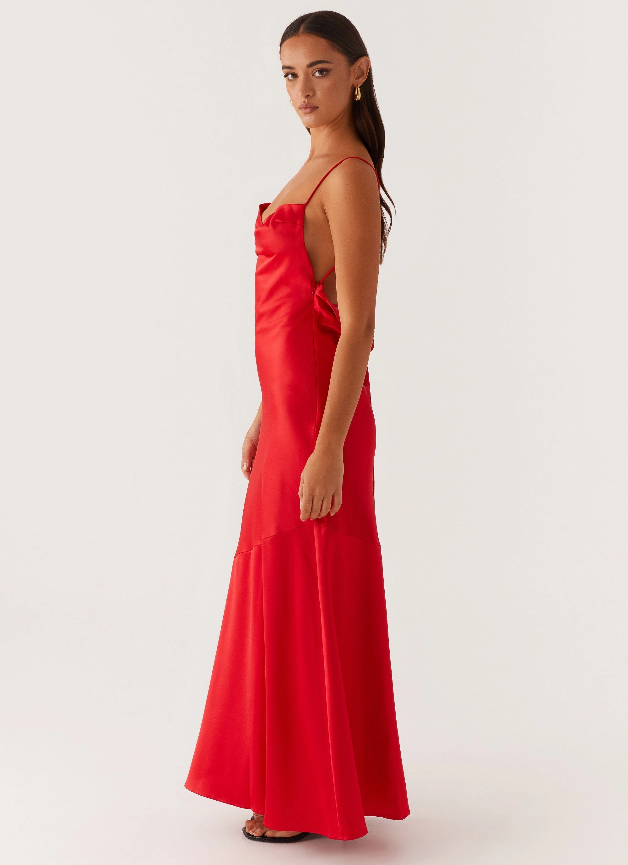 Alianna Cowl Neck Satin Maxi Dress - Red Fluid Fabric Collar Accent