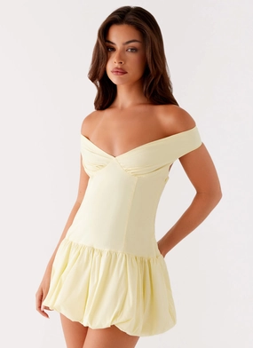 Endless Romance Off Shoulder Mini Dress - Yellow High-Low-Hem