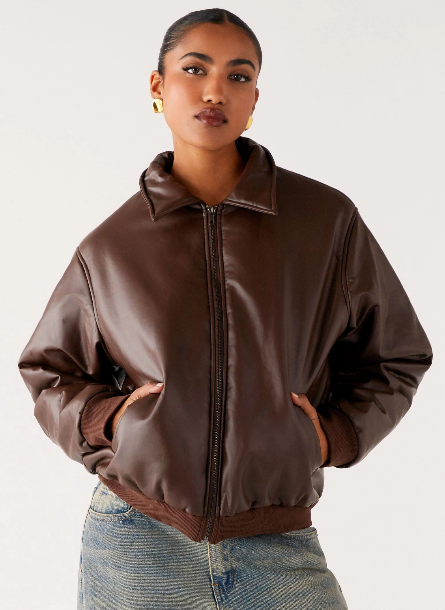 Outlands Faux Leather Bomber Jacket - Chocolate Lined Pockets Refined Style