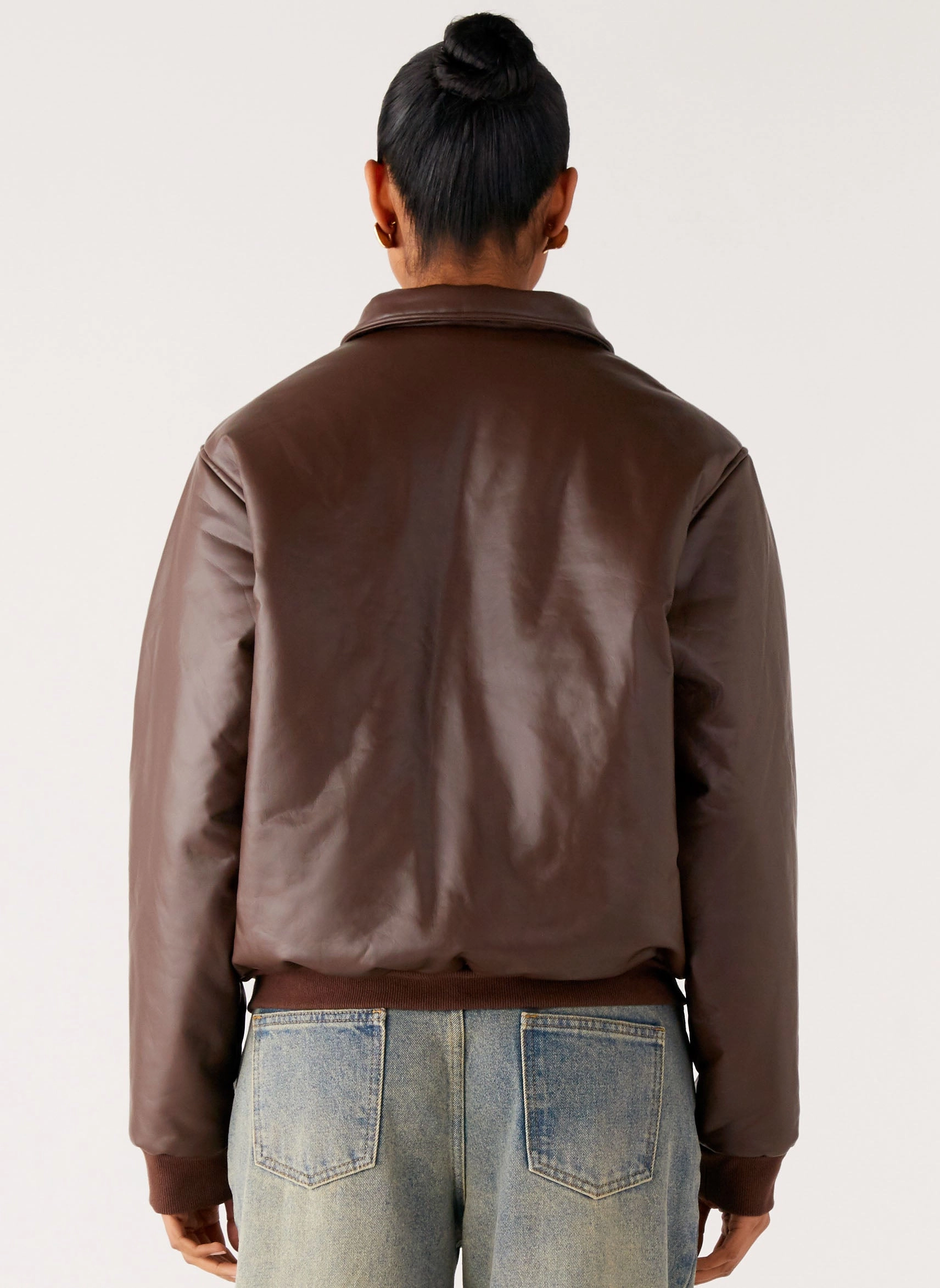 WaterResistant Coating FoldableStorageCapability Outlands Faux Leather Bomber Jacket - Chocolate