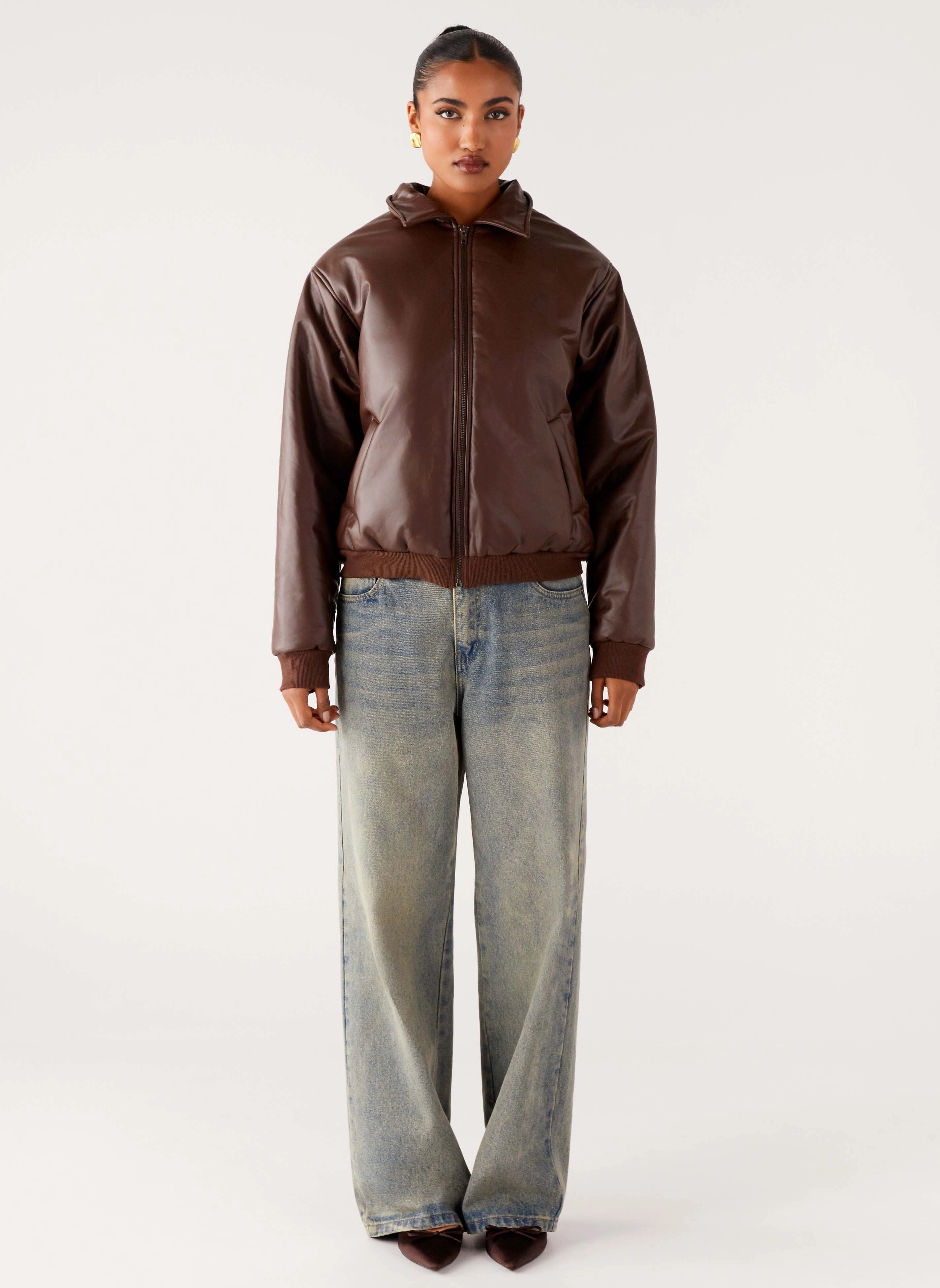 Outlands Faux Leather Bomber Jacket - Chocolate Thermo Regulating