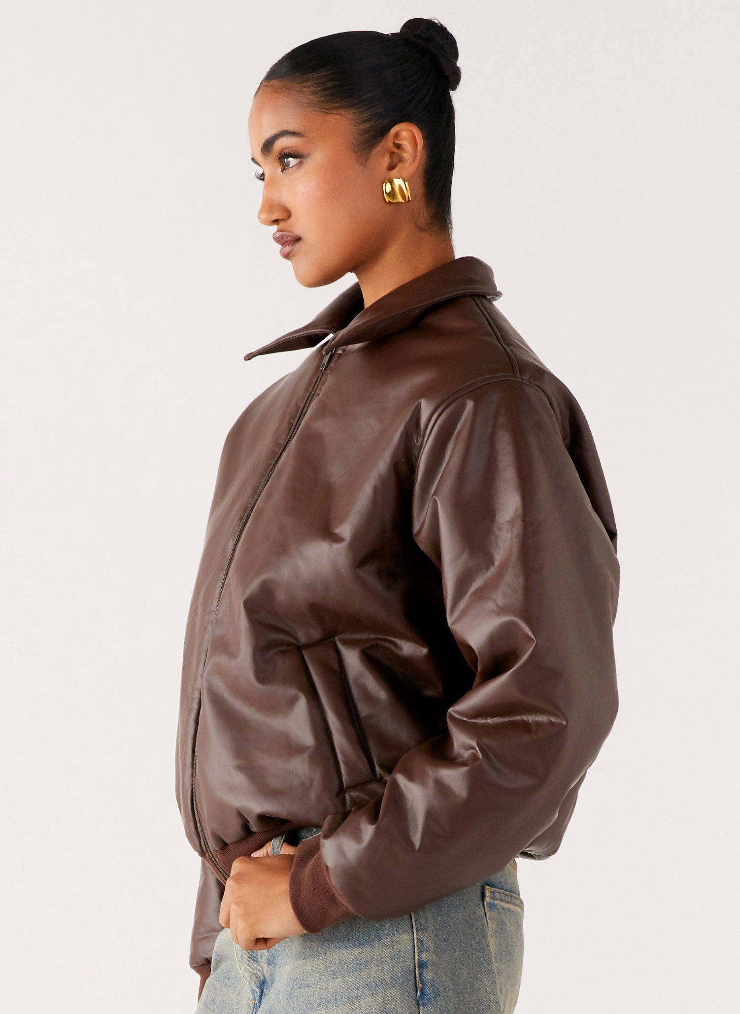 Lightweight Material Outlands Faux Leather Bomber Jacket - Chocolate