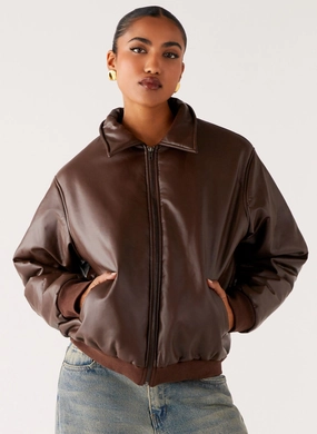 Outlands Faux Leather Bomber Jacket - Chocolate Lined Pockets Refined Style