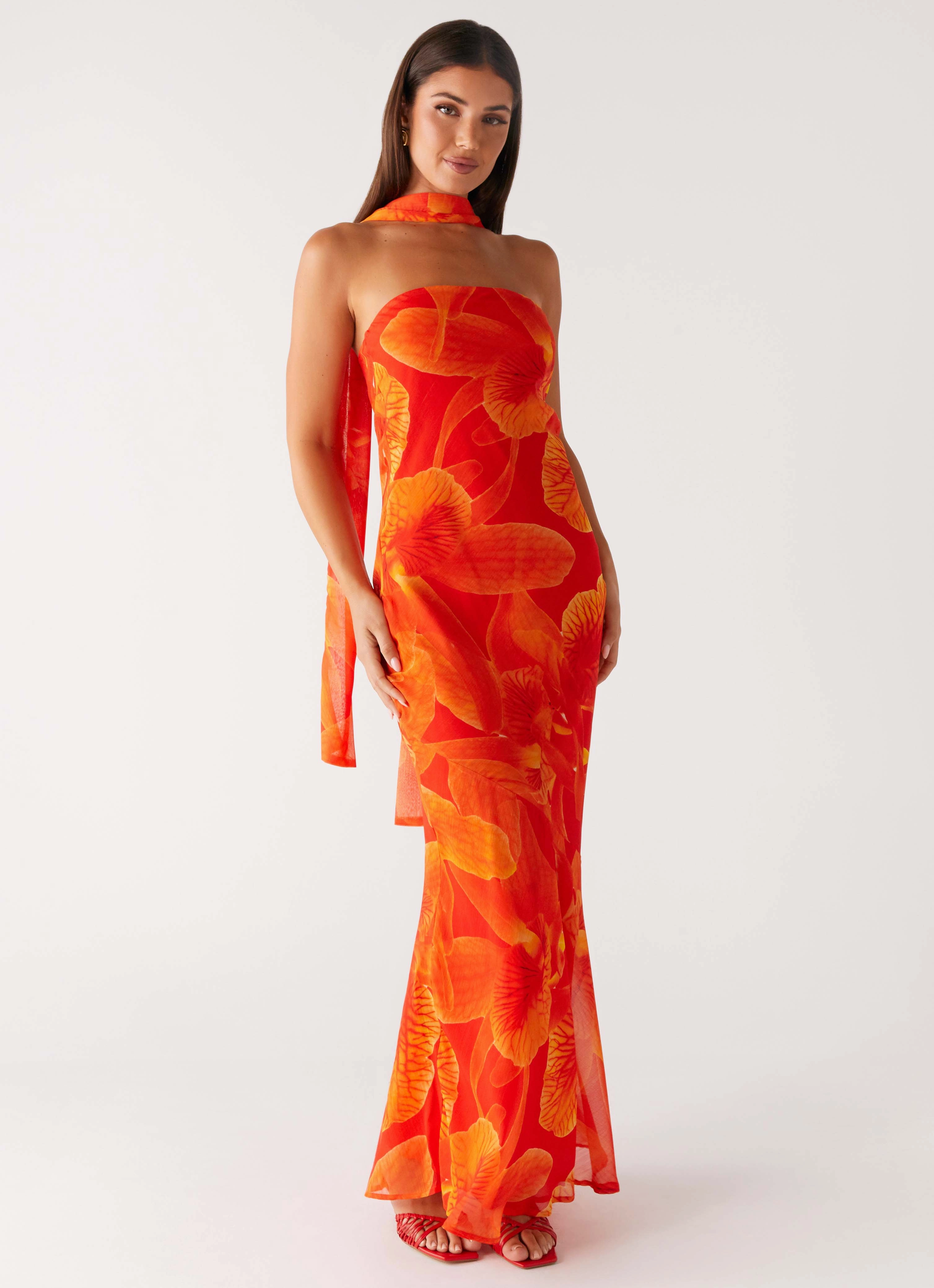 Under The Pagoda Maxi Dress - Orange Floral Clean Texture Relaxed Mood