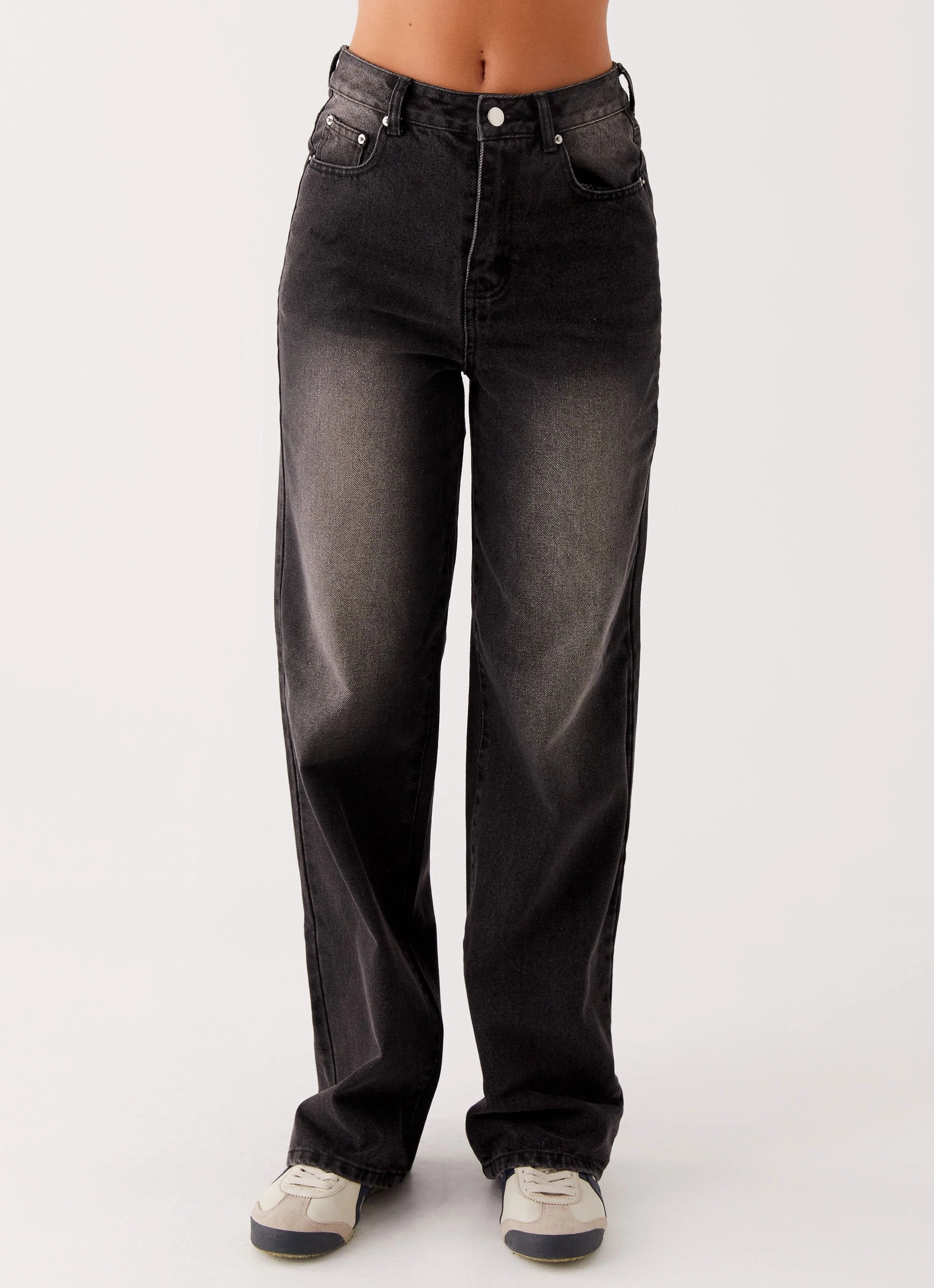 Back Again Straight Leg Denim Jeans - Charcoal Wash Tagless Labeling