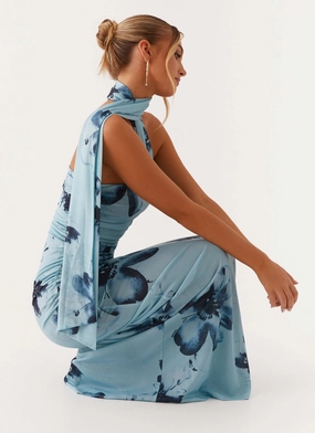 Songbird Maxi Dress - Blue Black Floral Pearl-Detail