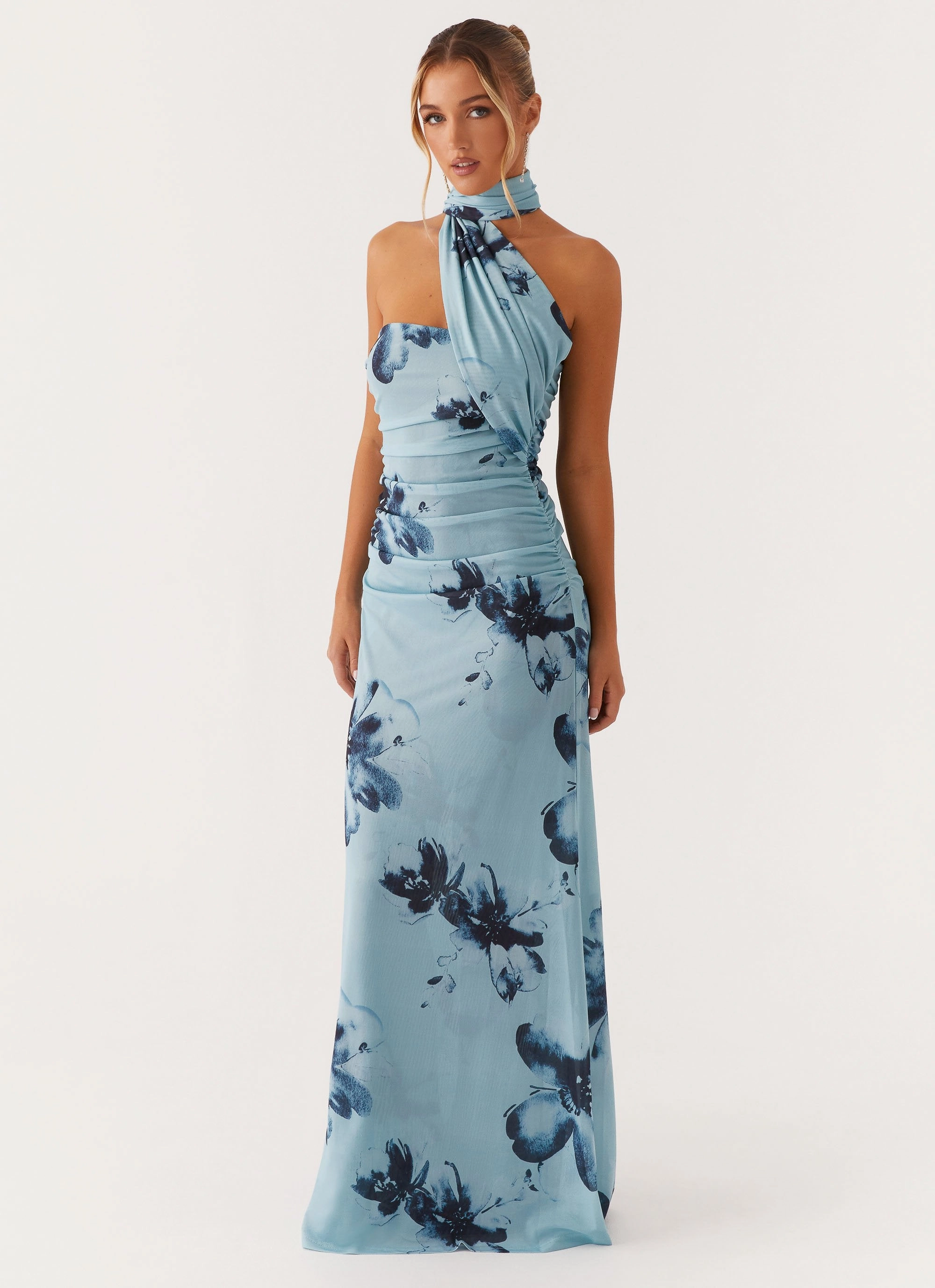 Songbird Maxi Dress - Blue Black Floral Texture Soft Office Tone