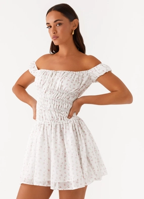 Total Bliss Shirred Mini Dress - White Floral Nordic Calm Inner lining