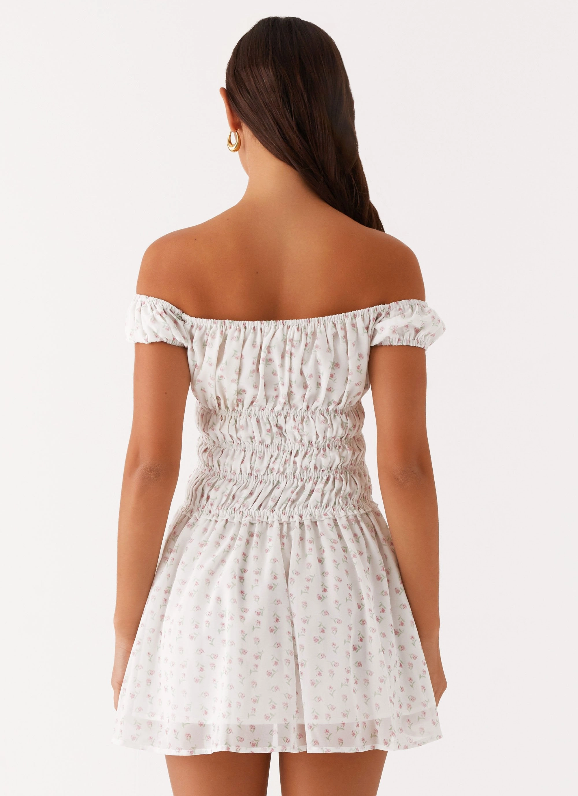 Total Bliss Shirred Mini Dress - White Floral Gentle Aesthetic