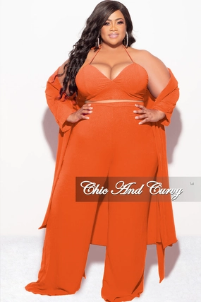 Final Sale Plus Size 3pc (Duster, Crop Self Tie Top & Pants) Set in Orange Refined fit