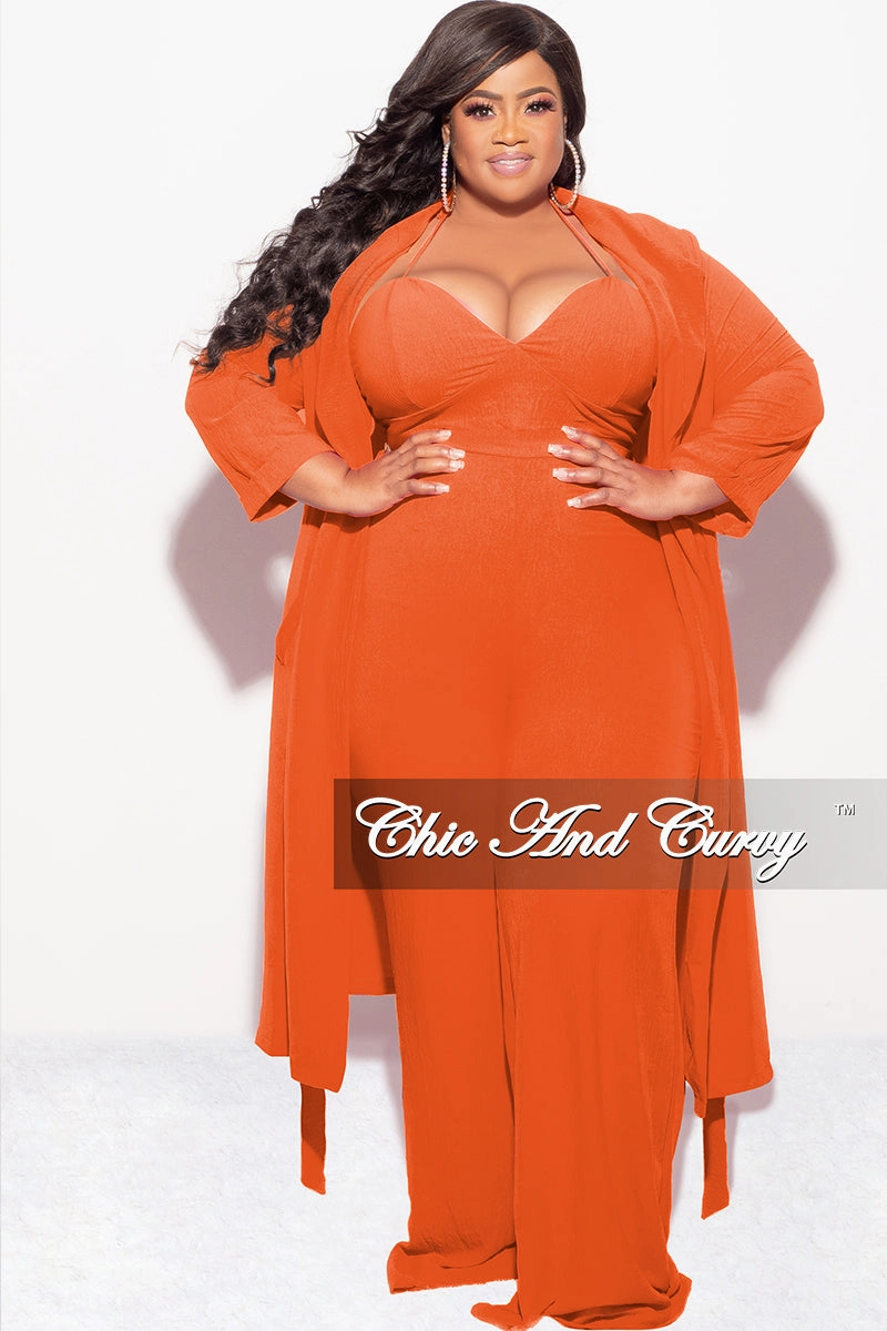 Final Sale Plus Size 3pc (Duster, Crop Self Tie Top & Pants) Set in Orange No Gap Waist Construction Timeless Wear