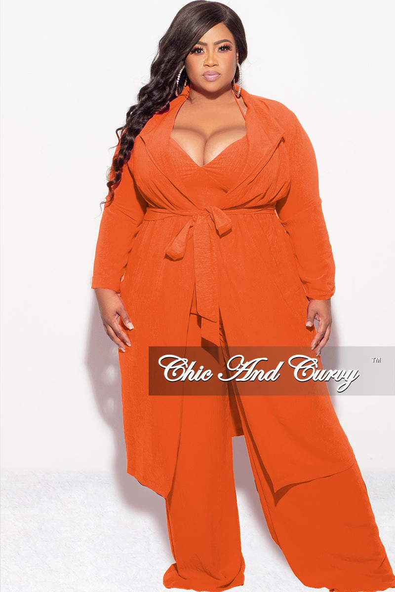 Final Sale Plus Size 3pc (Duster, Crop Self Tie Top & Pants) Set in Orange Sport Ready