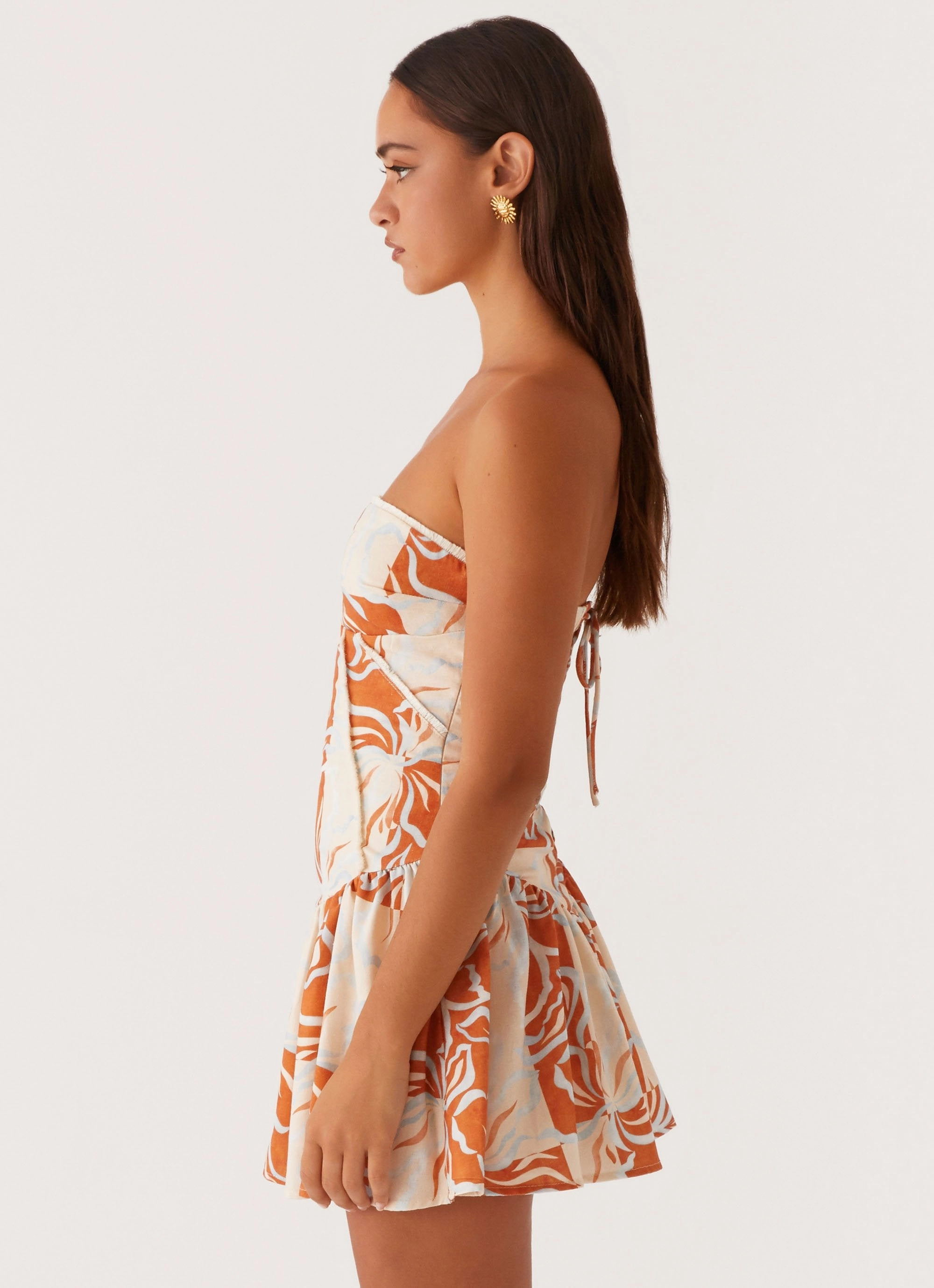 Fitted Look Larnie Linen Mini Dress - Orange Blue Floral