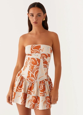 Korean Mood Smooth Surface Larnie Linen Mini Dress - Orange Blue Floral
