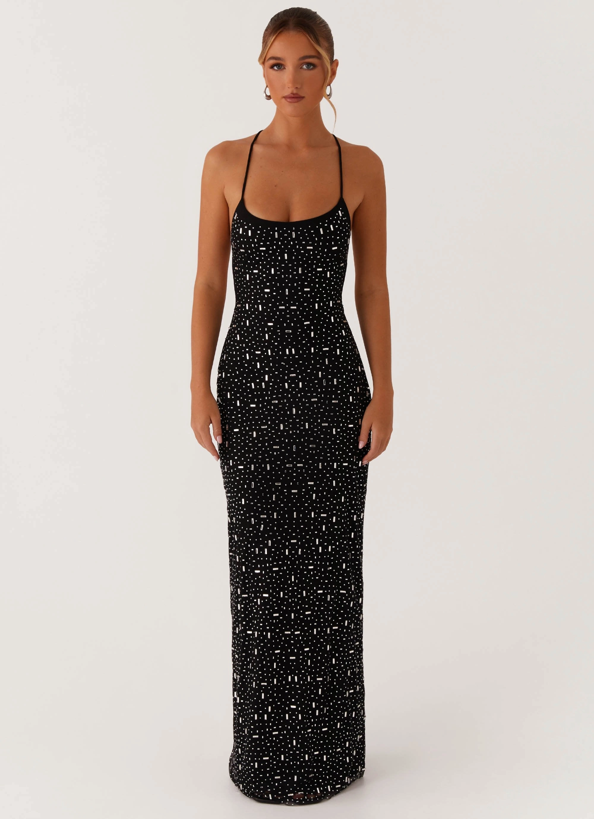 Cressida Rhinestone Mesh Maxi Dress - Black Stretch-Recovery Bright Accent