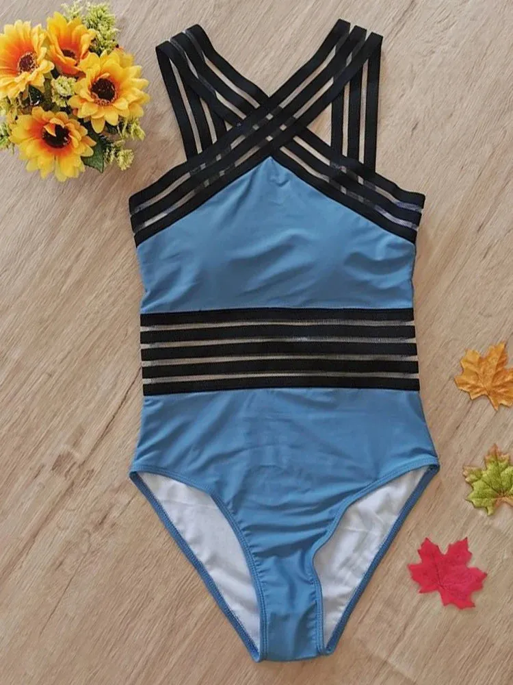 Criss-Cross Mesh High-Neck Monokini for Water Sports
