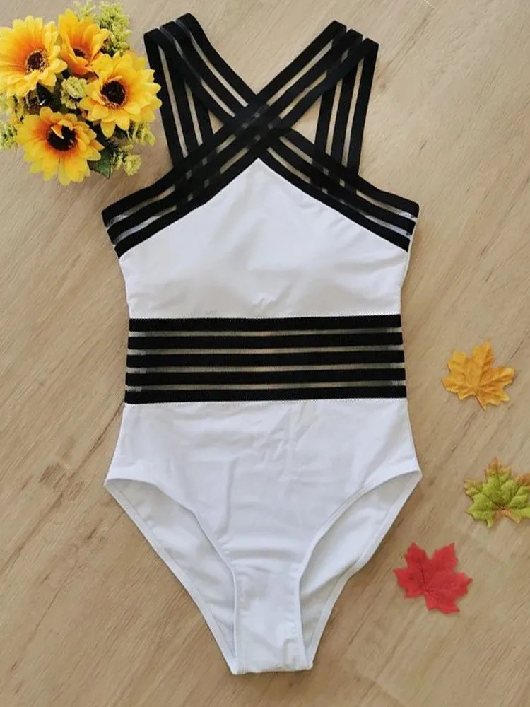 Criss-Cross Mesh High-Neck Monokini for Water Sports