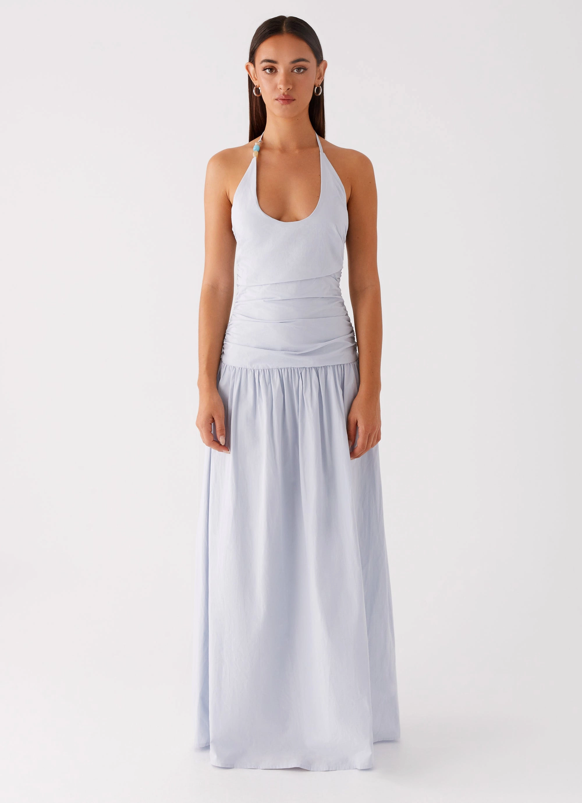 Cristina Halter Maxi Dress - Cornflower Blue Fall Ready Lace-Trim