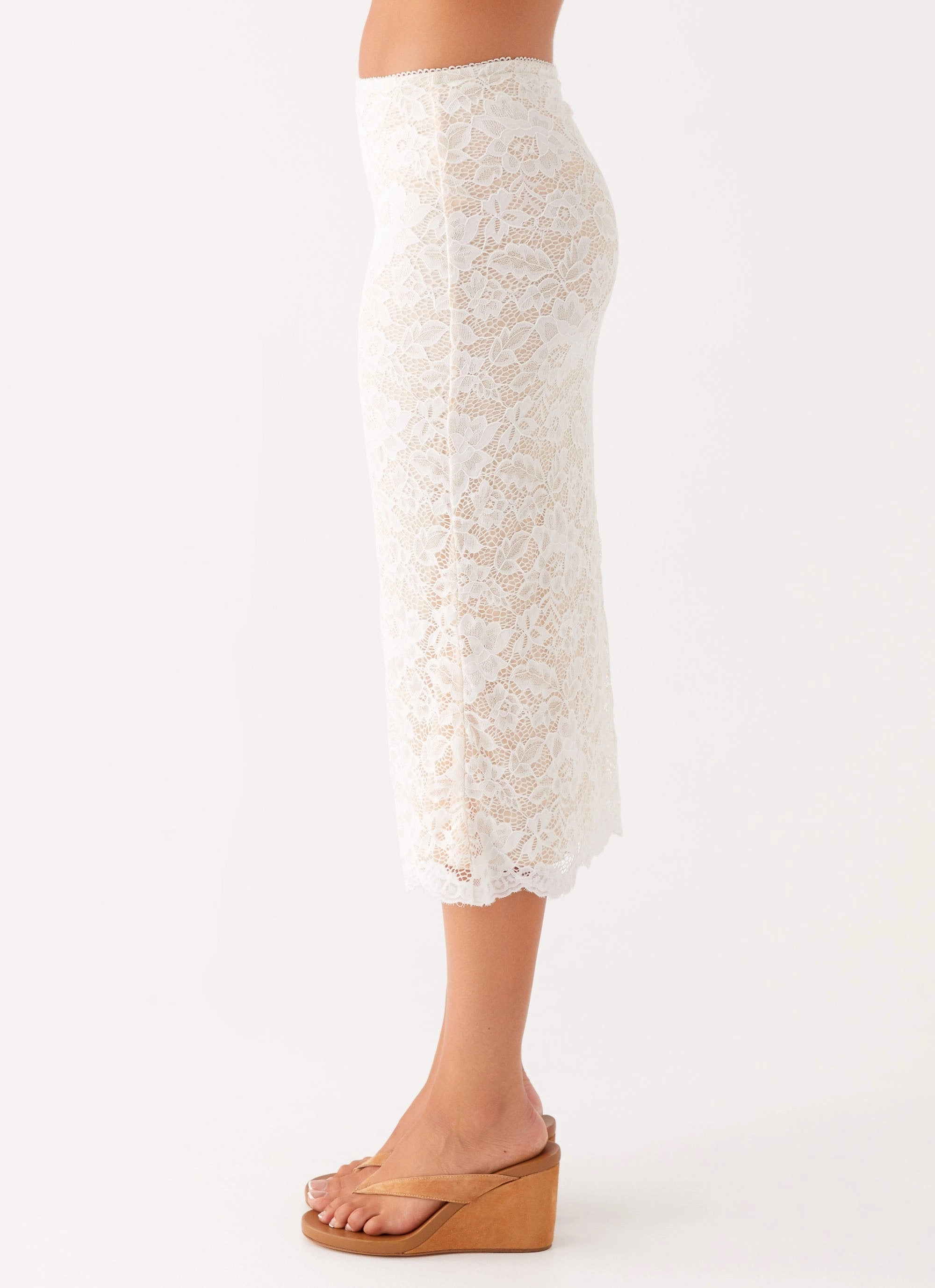Bonded Seam Technology Breathable Base Crystal Clear Lace Midi Skirt - Ivory
