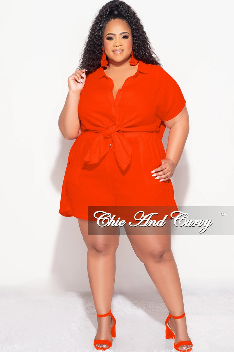 AdjustableTabs Final Sale Plus Size 2pc Collar Button Up Crepe Linen Top Tie And Short Set In Orange
