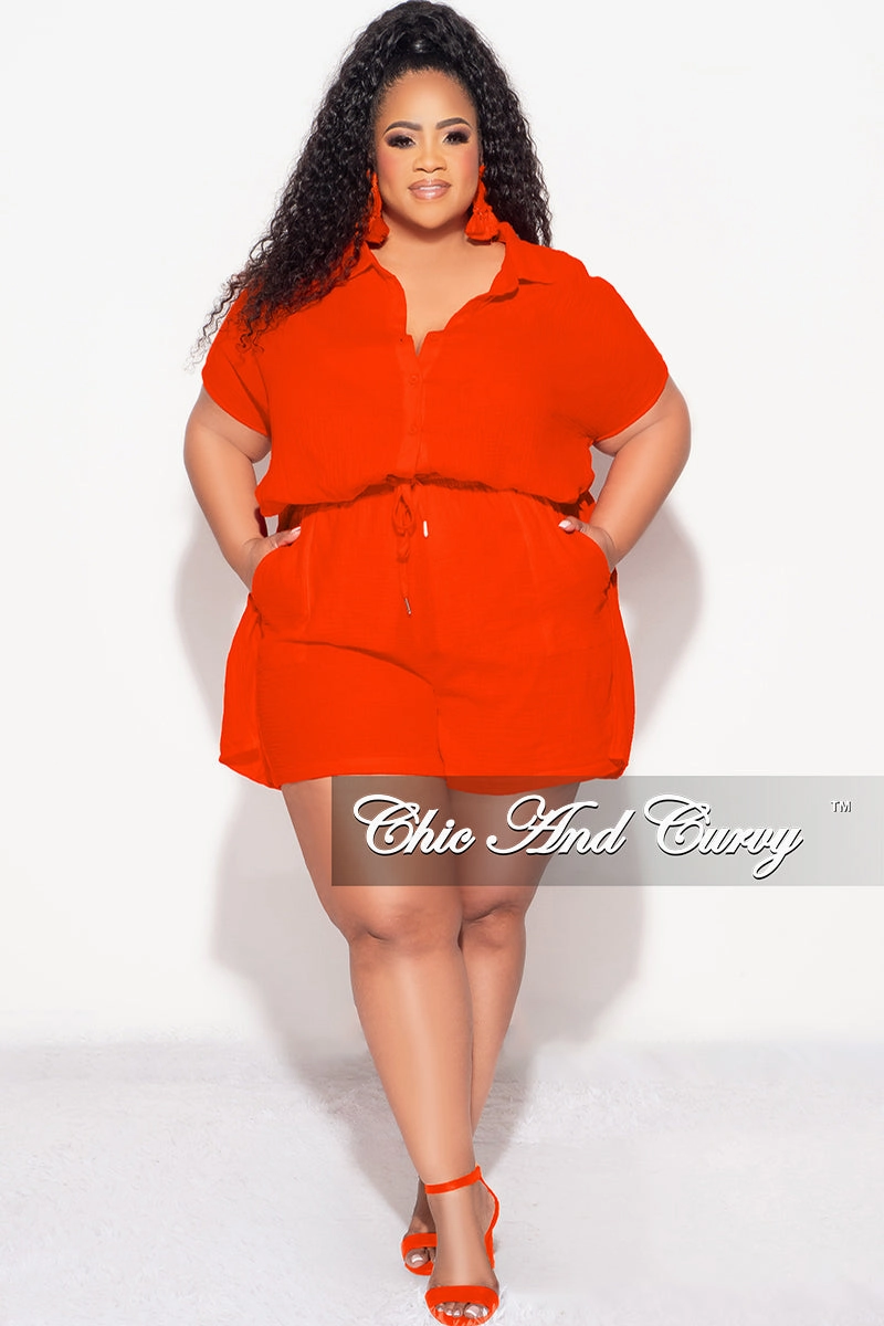 Final Sale Plus Size 2pc Collar Button Up Crepe Linen Top Tie And Short Set In Orange Quick Change Elastic Free Cuffs
