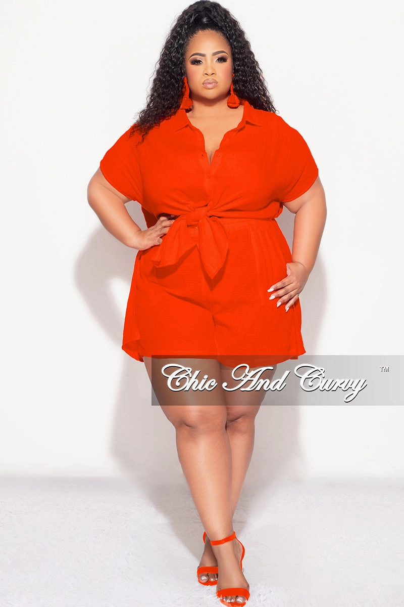 Final Sale Plus Size 2pc Collar Button Up Crepe Linen Top Tie And Short Set In Orange Day Wear Hygienic Coating