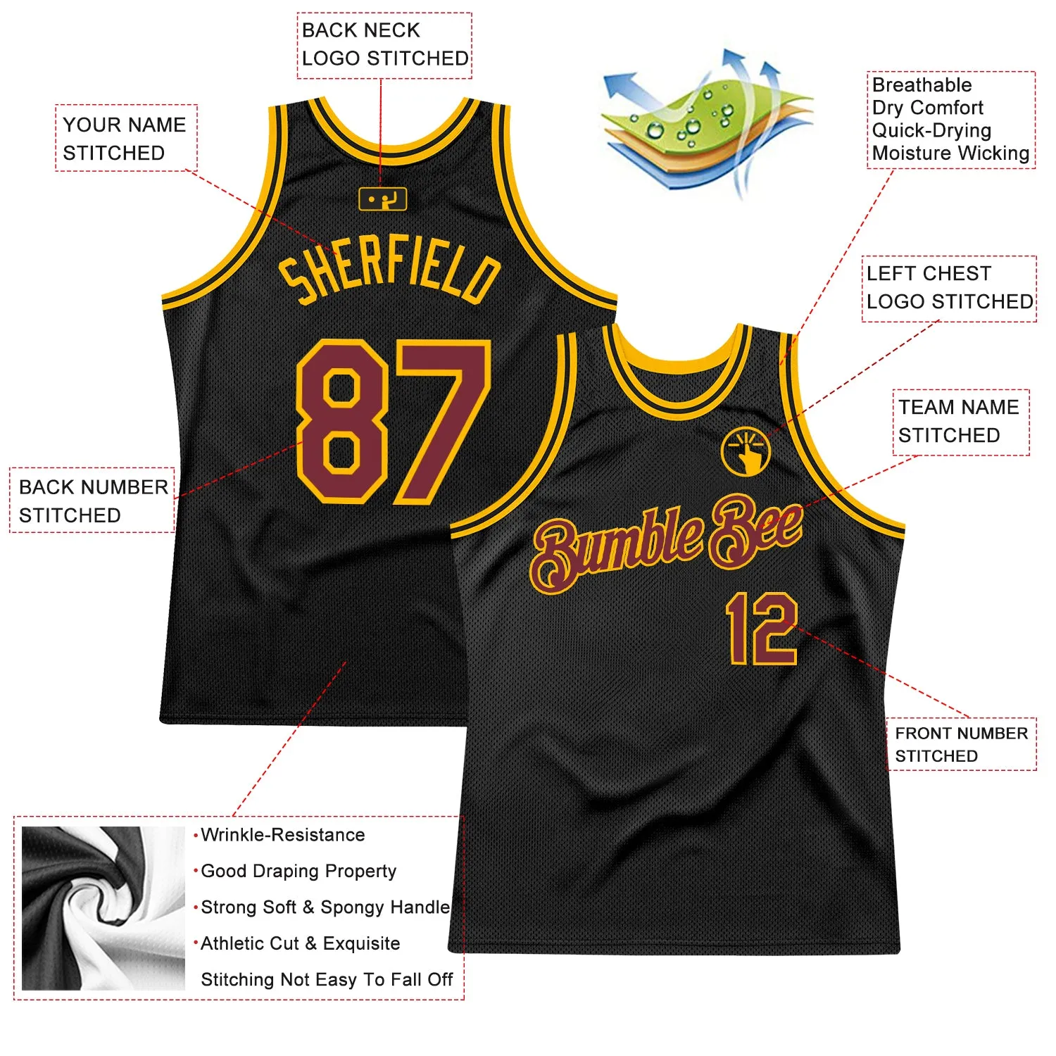 Custom Black Burgundy-Gold Authentic Throwback Basketball Jersey