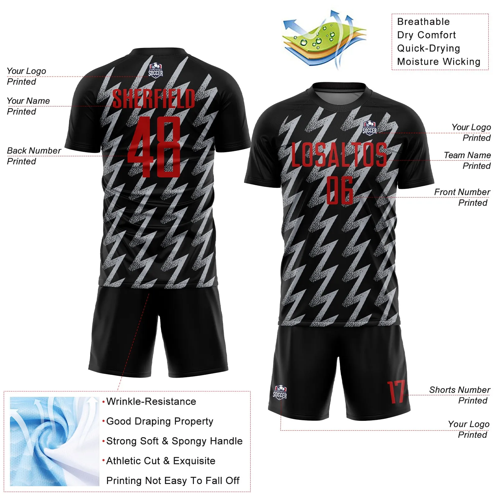 Custom Black Red-Gray Zigzag Shape Sublimation Soccer Uniform Jersey