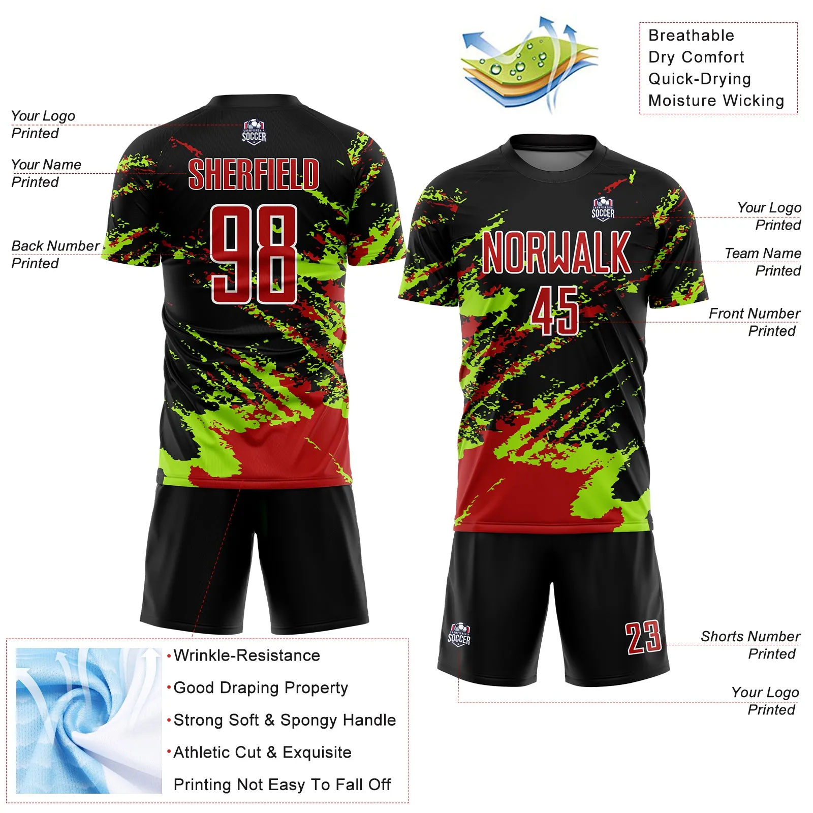 Custom Black Red-Neon Green Abstract Fragment Art Splash Sublimation Soccer Uniform Jersey