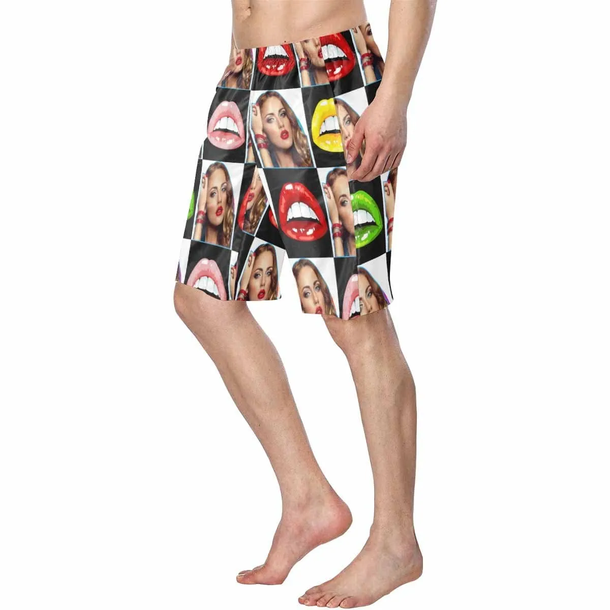 Custom Face Colorful Lips Lattice Personalized Photo Men's Elastic Beach Shorts