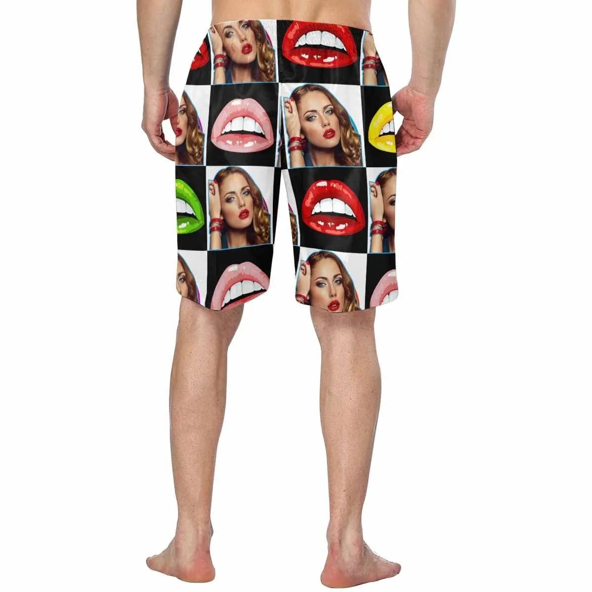Custom Face Colorful Lips Lattice Personalized Photo Men's Elastic Beach Shorts