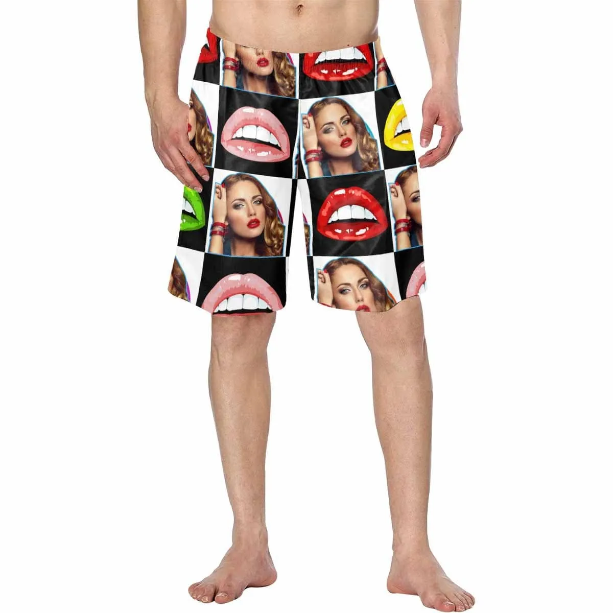 Custom Face Colorful Lips Lattice Personalized Photo Men's Elastic Beach Shorts