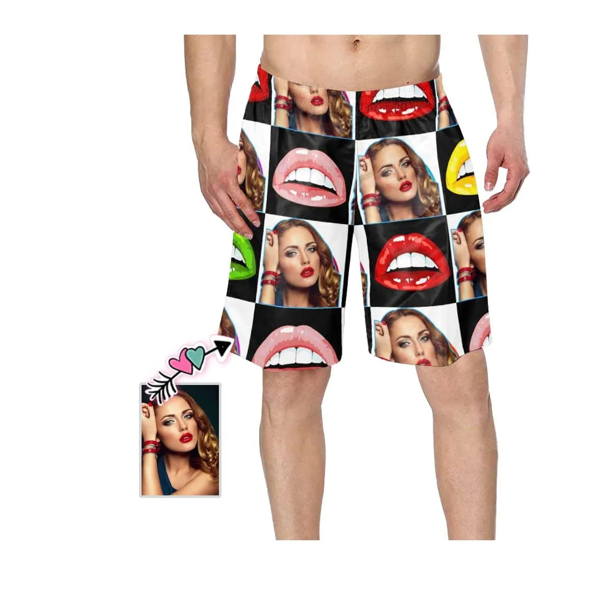 Custom Face Colorful Lips Lattice Personalized Photo Men's Elastic Beach Shorts