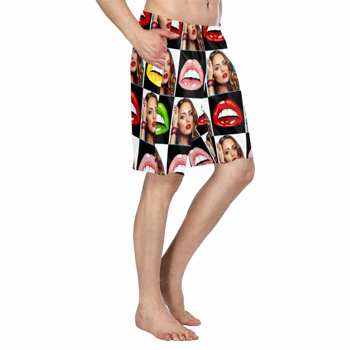 Custom Face Colorful Lips Lattice Personalized Photo Men's Elastic Beach Shorts