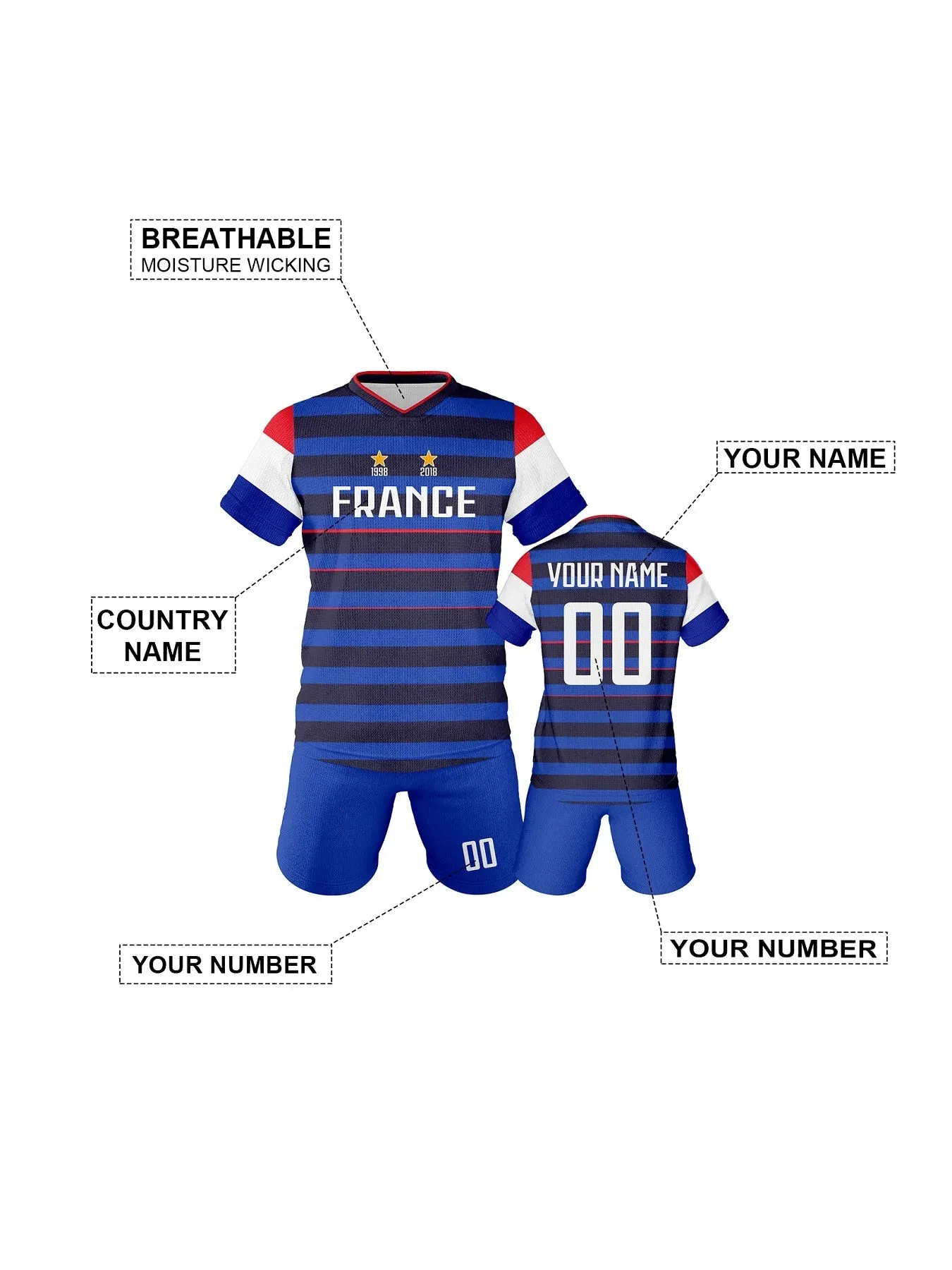 Customizable Kids Soccer Jersey and Shorts Set - France Football Training Outfit with Personalized Name and Number