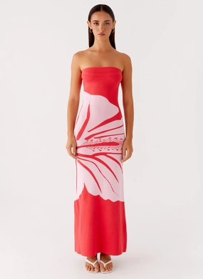 Timeless Soft Peace View Jala Strapless Knit Maxi Dress - Red Floral