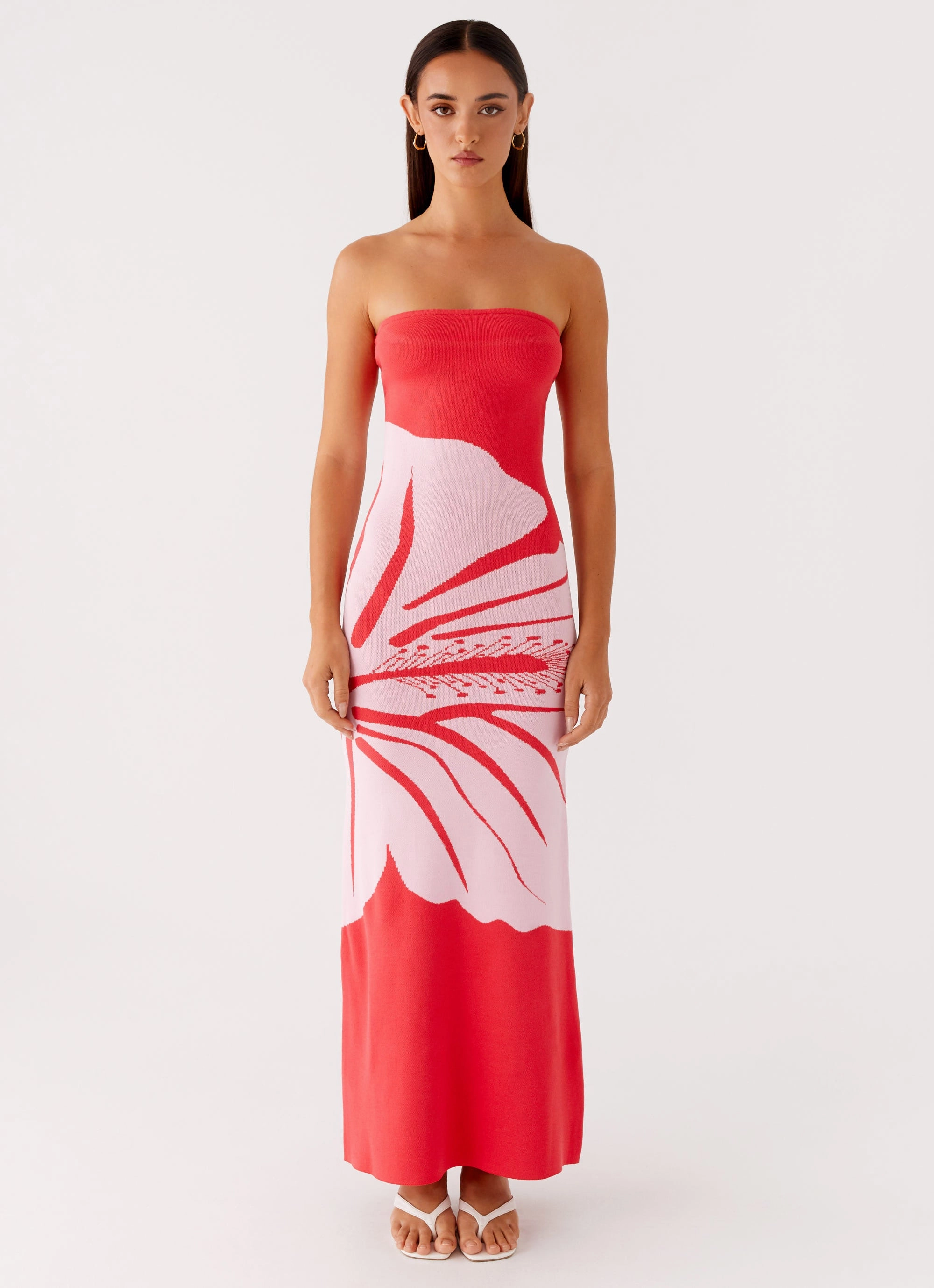 Timeless Soft Peace View Jala Strapless Knit Maxi Dress - Red Floral
