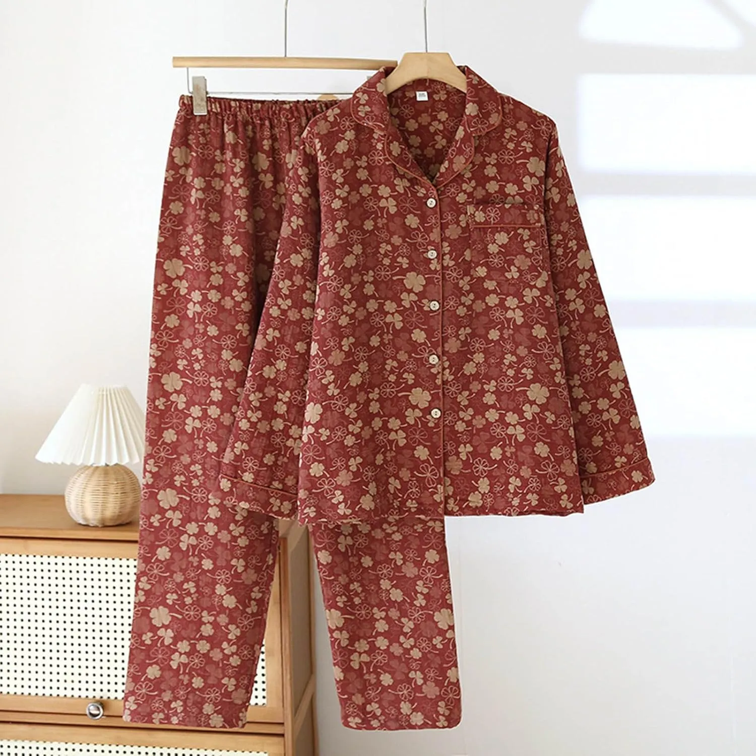 Cute Clover Print Cotton Pajamas Sets Women Button Down 2 Piece Pjs Long Sleeve Shirt and Pants Vintage Homewear Set