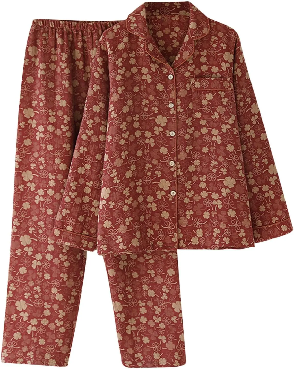 Cute Clover Print Cotton Pajamas Sets Women Button Down 2 Piece Pjs Long Sleeve Shirt and Pants Vintage Homewear Set