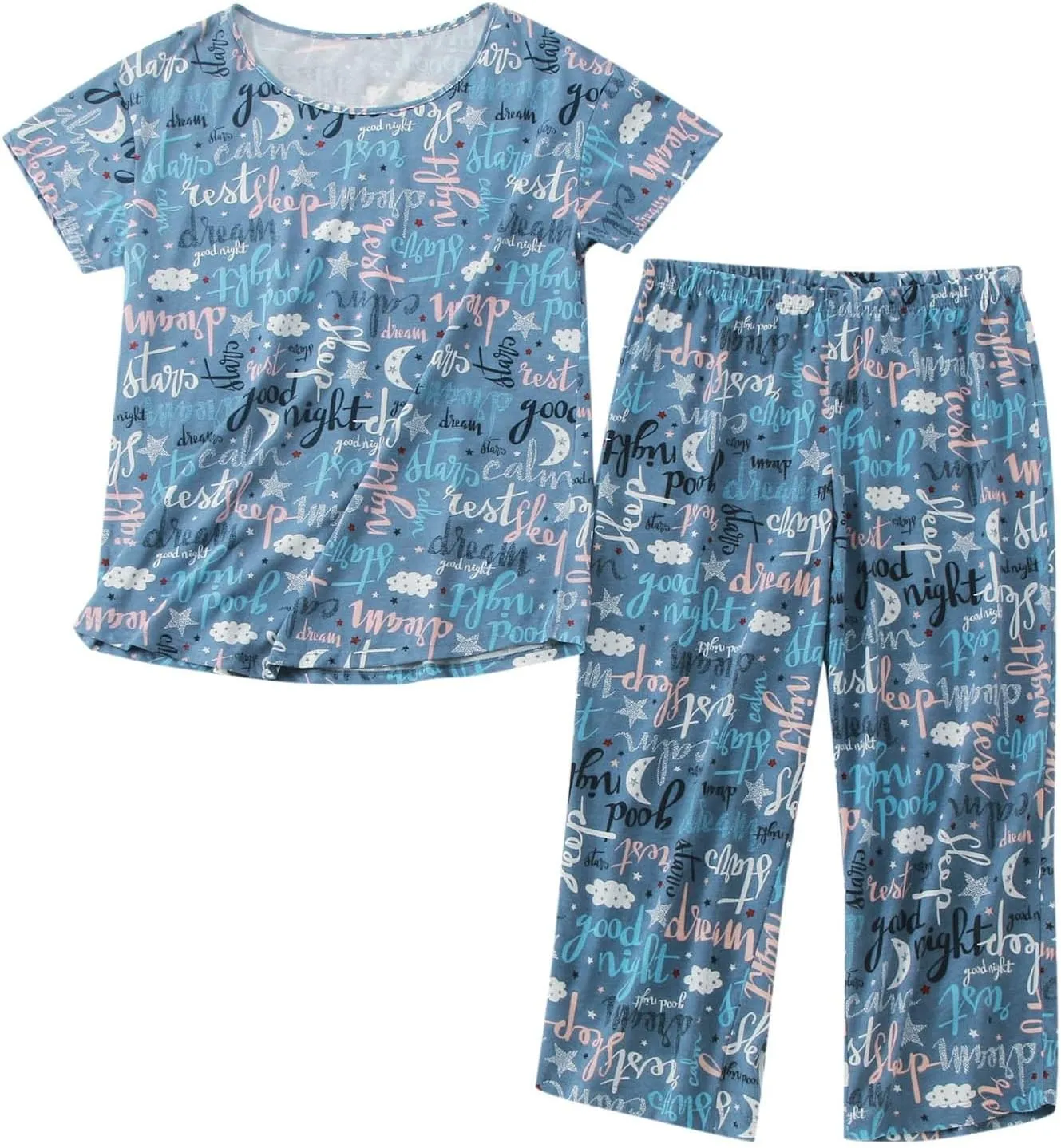 Cute Pajama Set for Women 2 Piece Print Lounge Set Soft Short Sleeve Pjs Capri Pants Sleepwear Casual Loungewear Set
