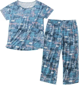 Cute Pajama Set for Women 2 Piece Print Lounge Set Soft Short Sleeve Pjs Capri Pants Sleepwear Casual Loungewear Set