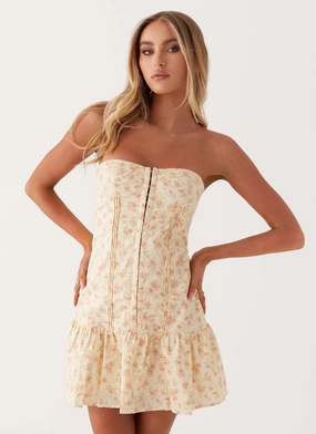 Bloomsbury Bustier Mini Dress - Yellow Ditsy Floral Satin Grace Daily Flex