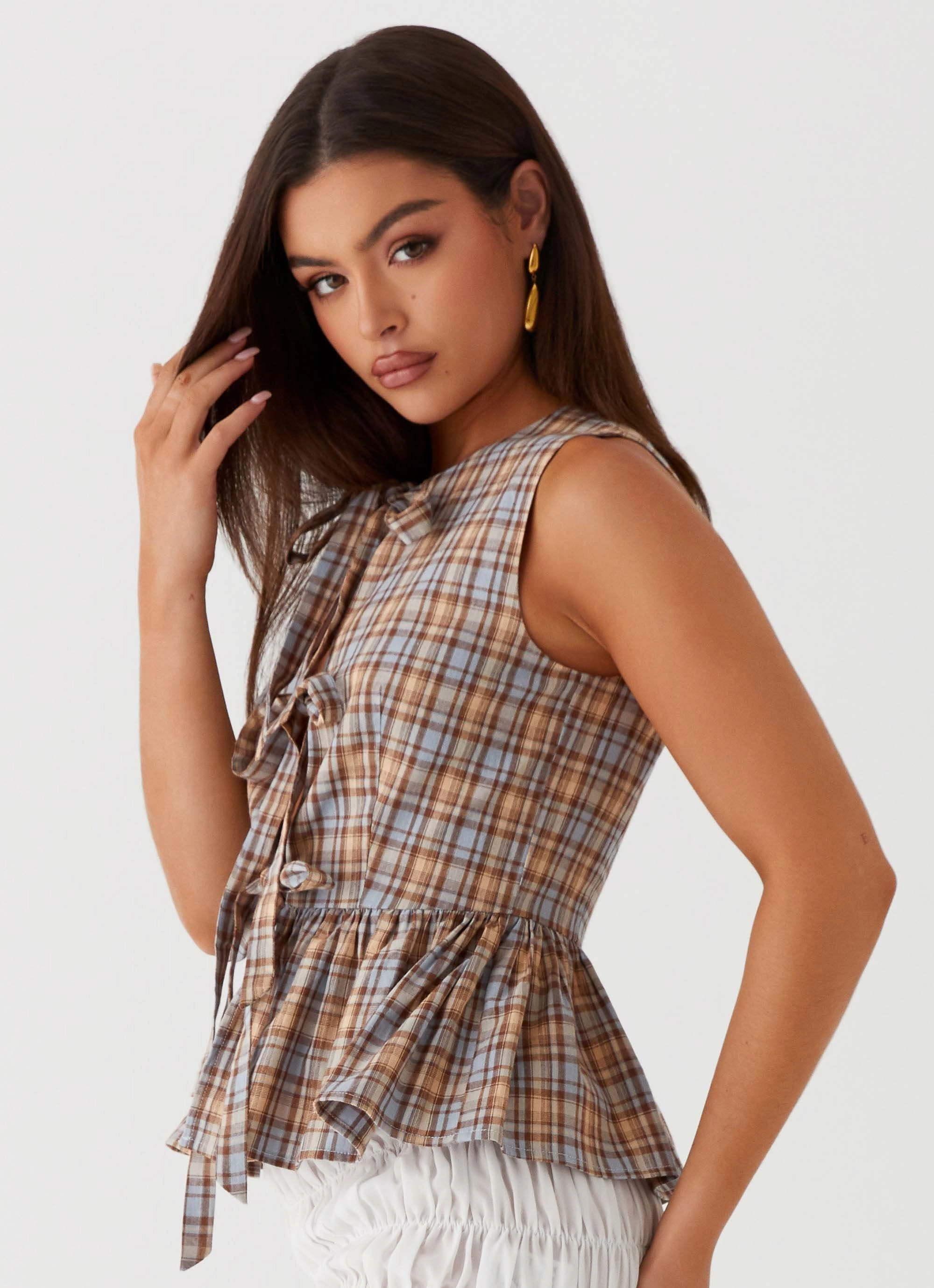 Cyrene Tie Top - Brown Check MultiFunctional Pocket Placement