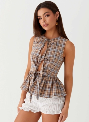 Cyrene Tie Top - Brown Check QuickDry QuickReleaseFastenings